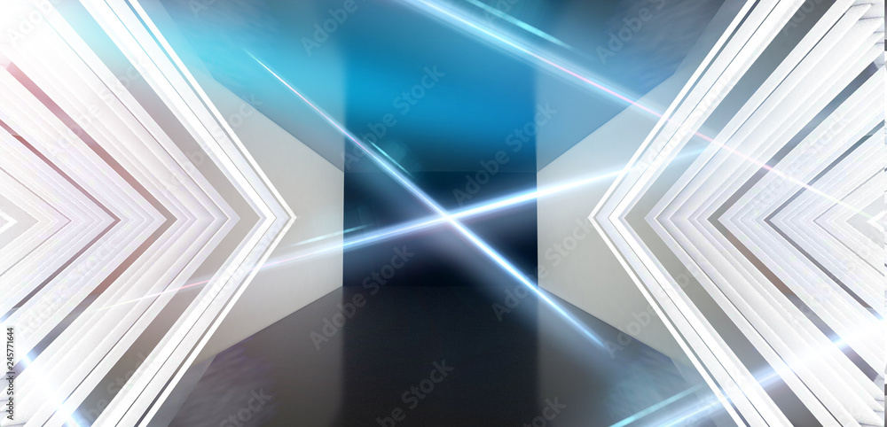 Obraz premium The background is an empty tunnel, the room is lit by neon light. Concrete covering, tile. Smoke. Laser square figure in the center of the room. 3D rendering