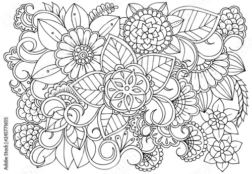Vector black and white colorin page for colouring book. Leafs and flowers  in monocrome colors. Doodles pattern
