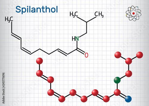 Spilanthol molecule. It is a fatty acid amide, is used for the local anesthetic properties and in cosmetology.  Sheet of paper in a cage. Structural chemical formula and molecule model
