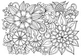 Vector black and white colorin page for colouring book. Leafs and flowers  in monocrome colors. Doodles pattern