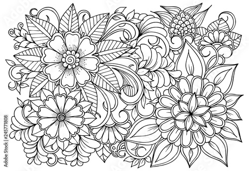 Vector black and white colorin page for colouring book. Leafs and flowers in monocrome colors. Doodles pattern