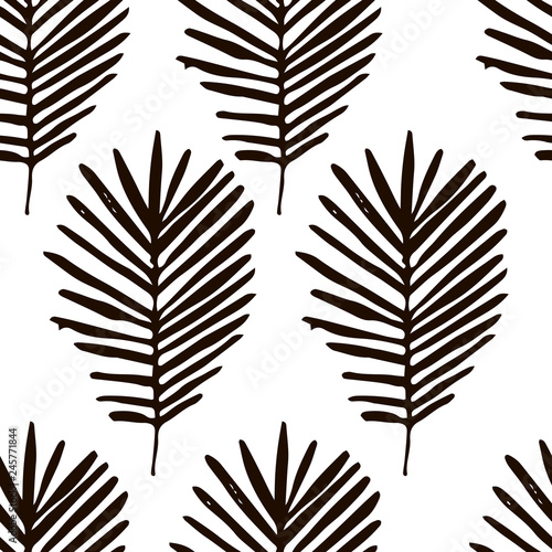 Black and white palm leaves seamless pattern. Vector illustration.