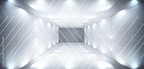 The background is an empty tunnel  the room is lit by neon light. Concrete covering  tile. Smoke. Laser square figure in the center of the room. 3D rendering