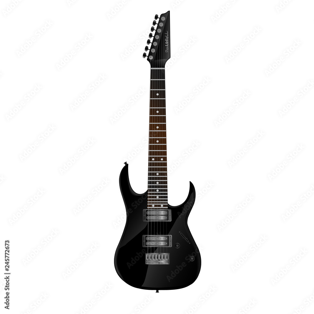 A black seven-string electric guitar can be used to create advertising images, be part of the overall interior in the background, be a key element.