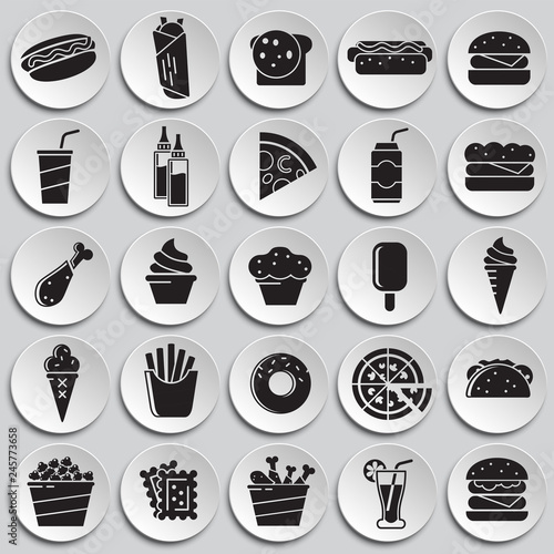 Fasfood icons set on plates background for graphic and web design, Modern simple vector sign. Internet concept. Trendy symbol for website design web button or mobile app