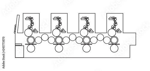 Vector line or outline icon of a printing machine – offset printing press from inside with cylinders and detail of printing unit. Scheme is isolated on a white background.