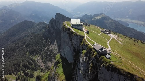 Flight around viewpoint on Schafberg summit in Salzkammergut, Upper Austria.