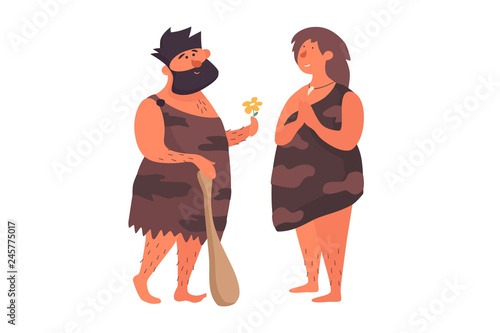 Primitive man in love gives a flower to his primitive girlfriend. Prehistoric people dressed in skins on a white isolated background. The life of Neanderthals and cavemen. Vector flat illustration.