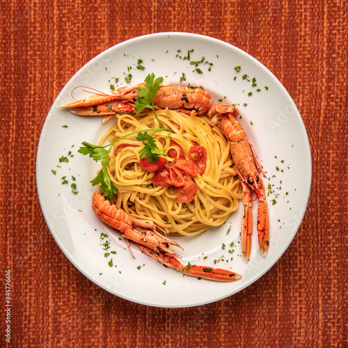linguine with scampi and Pachino tomatoes from top