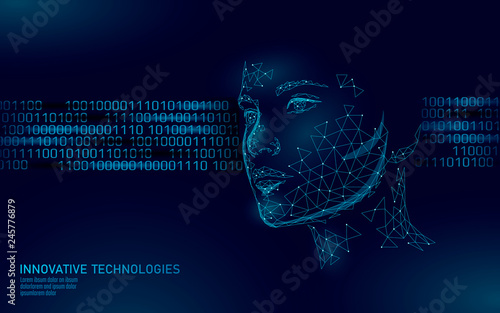 Low poly female human face biometric identification. Recognition system concept. Personal data secure access scanning innovation technology. 3D polygonal rendering vector illustration