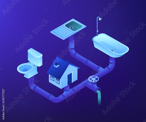 House sewage system with pipes, sink, bath and toilet. Sewerage system, domestic wastewater service, sewer system technologies concept. Ultraviolet neon vector isometric 3D illustration.