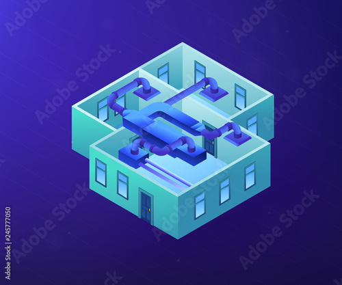 Indoor ventilation system pipes in the apartment. Ventilation system, energy recovery ventilation, airing system cleaning concept. Ultraviolet neon vector isometric 3D illustration.