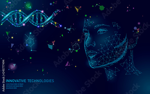 DNA molecule treatment cosmetic essence 3D. Low poly female face polygonal medical beauty care. Medicine gene helix structure vitamin anti-aging serum vector illustration