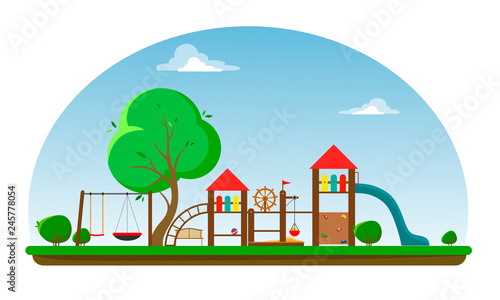 Fototapeta Naklejka Na Ścianę i Meble -  Large playground with a bench, trees and shrubs. Vector illustration of a flat style.