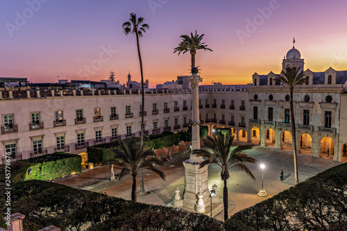 Cuadro en lienzo Historic Constitution square in downtown Almeria, Spain, at dusk; high angle view