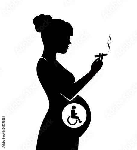 Silhouette of a pregnant woman smoking a cigarette. In the abdomen of a woman's child is disabled