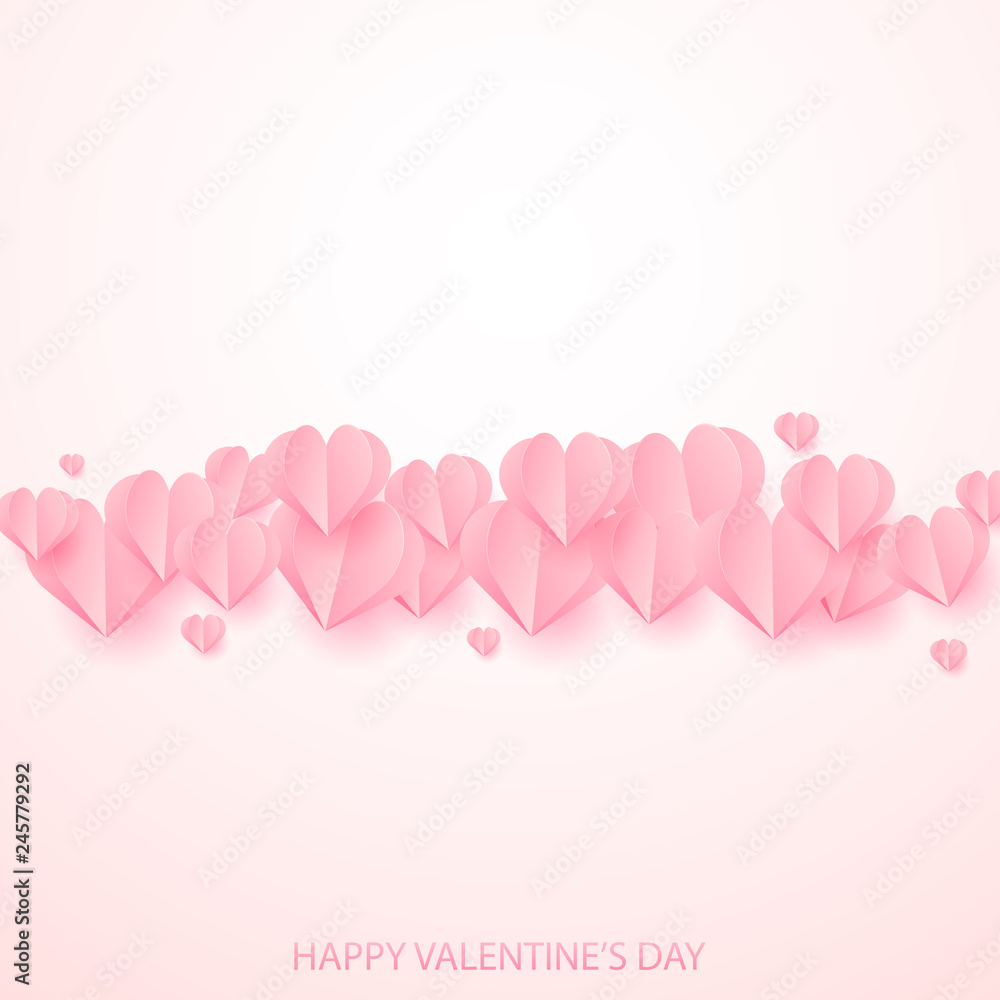 Valentine's day background with paper cut pink hearts. Vector.