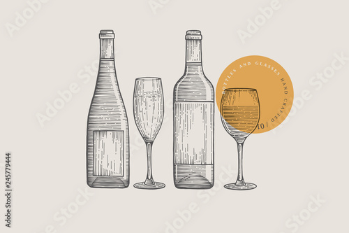 Image of wine bottles and glasses of different shapes, drawn by graphic lines on a light background. Vector illustration in engraving style.
