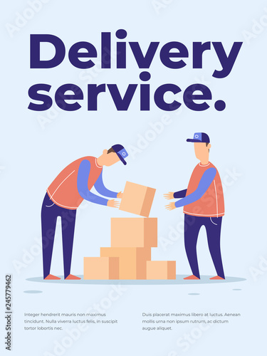 Concept service delivery goods. Image of two cartoon men-loader with boxes. Provision of services delivery cargo. Vector flat illustration.