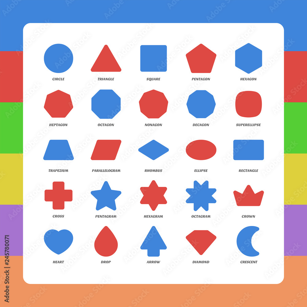 Basic kids rounded corners flat figures school collection. Vector set