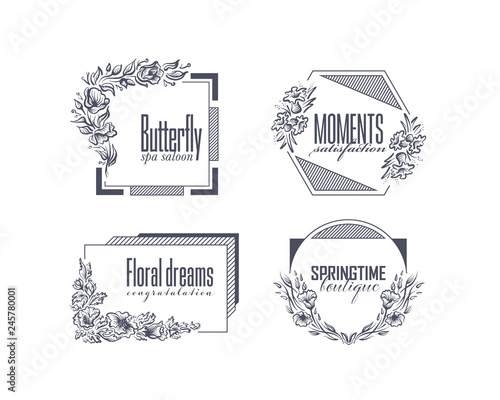 Graphical floral and geometry labels with hand drawn flowers, creative logo vector package.