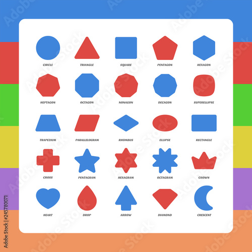 Basic kids rounded corners flat figures school collection. Vector set geometric safe shapes. Triangle, square, pentagon, octagon, trapezium, rhombus, ellipse, heart, diamond, star, polygon, moon, plus