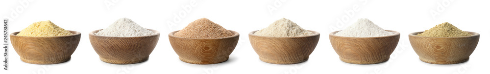 Set of organic flour in wooden bowls on white background - obrazy, fototapety, plakaty 