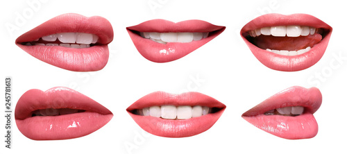 Obraz na płótnie Set of mouths with beautiful make-up isolated on white
