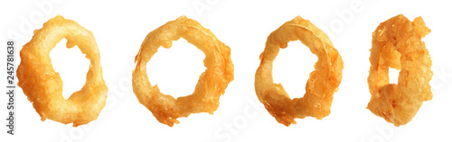 Set of delicious fried crispy onion rings on white background