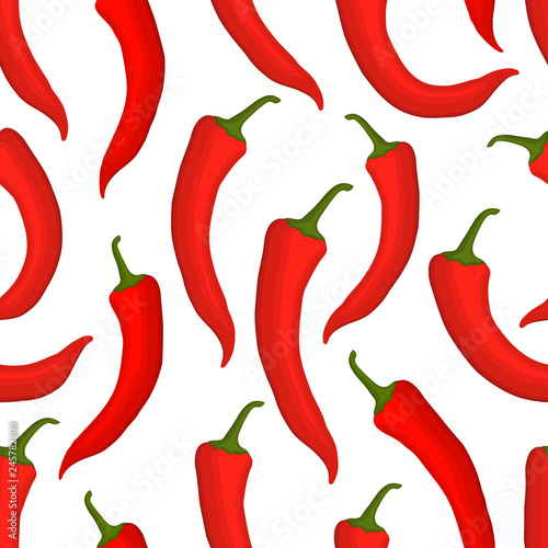 Seamless pattern with red chile peppers on a white background. Vegetable print. Vector illustration