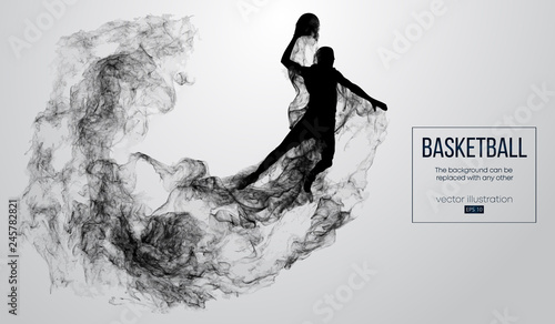 Abstract silhouette of a basketball player on white background from particles, dust, smoke, steam. Basketball player jumping and performs slam dunk. Background can be changed to any other. Vector