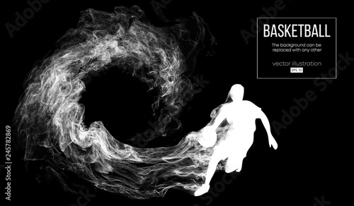Abstract silhouette of a basketball player on dark black background from particles, dust, smoke, steam. Basketball player is running. Background can be changed to any other. Vector