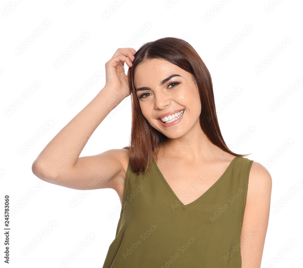 Portrait of young woman laughing on white background Portrait of young woman laughing on white background