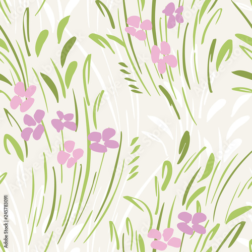 Pastel Colored abstract ditsy gestural floral vector seamless pattern. Spring blooms, foliage.