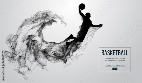 Abstract silhouette of a basketball player on white background from particles, dust, smoke, steam. Basketball player jumping and performs slam dunk. Background can be changed to any other. Vector