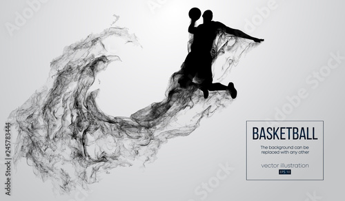 Abstract silhouette of a basketball player on white background from particles, dust, smoke, steam. Basketball player jumping and performs slam dunk. Background can be changed to any other. Vector