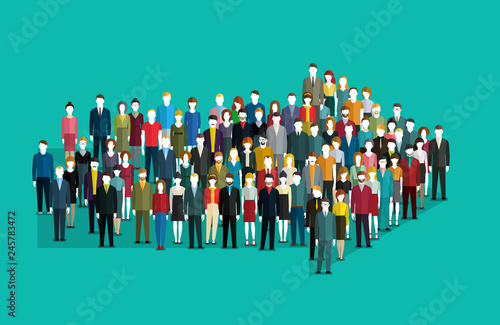 Concept of leadership and direction. Crowd of people gathered in an arrow shape.