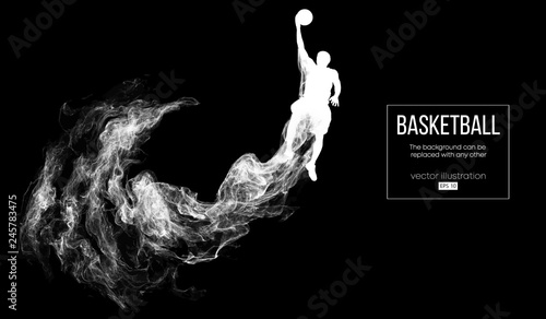Abstract silhouette of a basketball player on dark black background from particles, dust, smoke, steam. Basketball player jumping and performs slam dunk. Background can be changed to any other. Vector