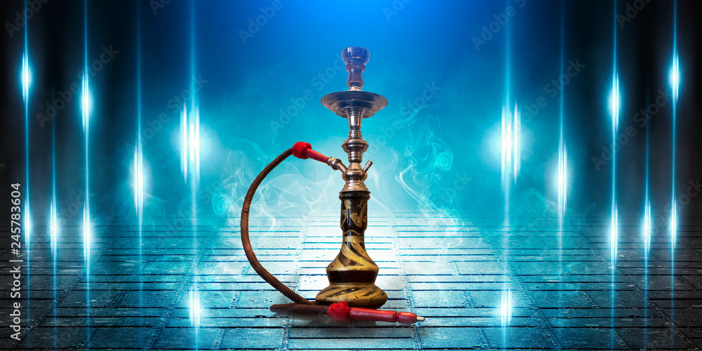 Naklejka premium Background of smoking hookah, blue neon light, smoke, smog