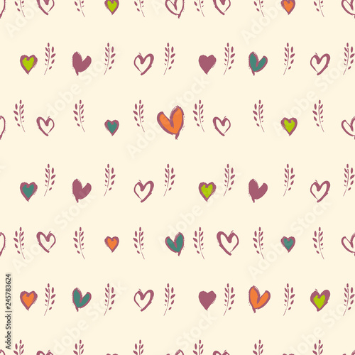 Vector seamless pattern spring and hearts. Romantic hand drawn graphics background. Trendy design concept for fashion textile print.