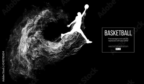 Abstract silhouette of a basketball player on dark black background from particles, dust, smoke, steam. Basketball player jumping and performs slam dunk. Background can be changed to any other. Vector