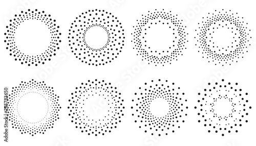 Set of dot ornaments. Frames made of dots. Round pattern. Circle shapes. Design background for invitations and holiday cards.