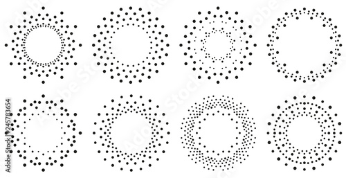 Set of dot ornaments. Frames made of dots. Round pattern. Circle shapes. Design background for invitations and holiday cards.