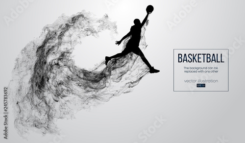 Abstract silhouette of a basketball player on white background from particles  dust  smoke  steam. Basketball player jumping and performs slam dunk. Background can be changed to any other. Vector