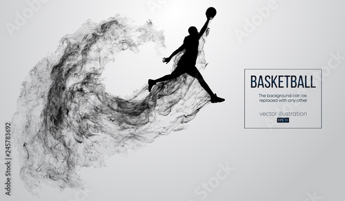 Abstract silhouette of a basketball player on white background from particles, dust, smoke, steam. Basketball player jumping and performs slam dunk. Background can be changed to any other. Vector