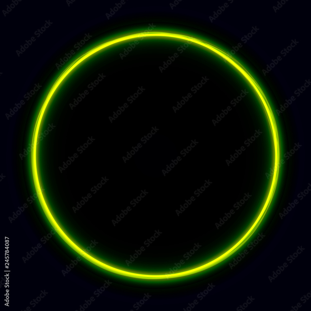 Obraz premium Yellow vibrant neon glowing circle. Colorful round frame. Abstract bright ring. Shine vector stroke illustration for your design, banner, ad.