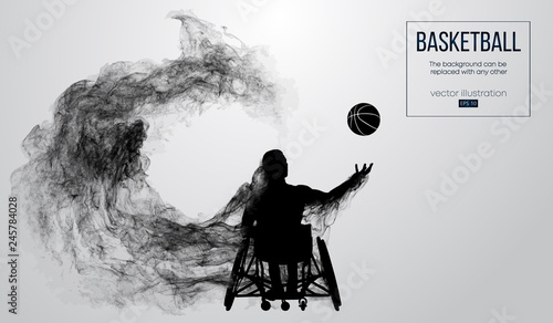 Abstract silhouette of a basketball player disabled on white background from particles, dust, smoke, steam. Basketball player performs throw a ball. Background can be changed to any other. Vector photo