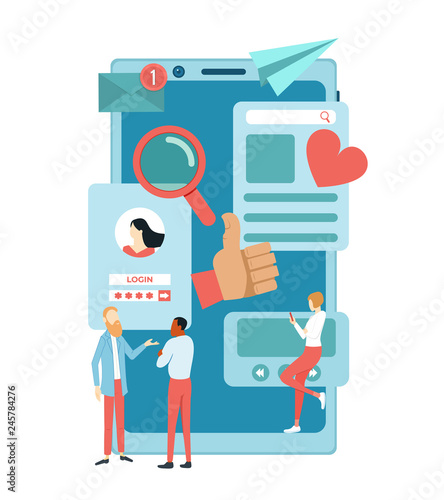 Social media concept. Talking people on the background of the smartphone. Social networking applications. Vector illustration