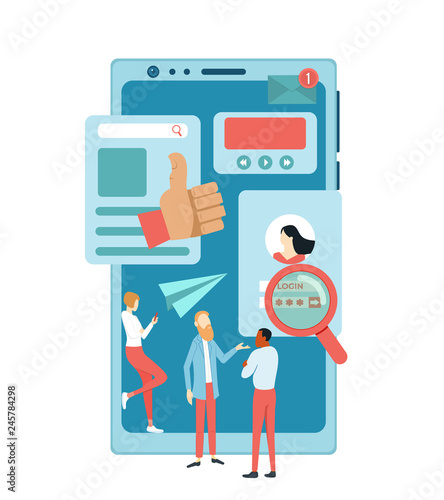 Social media concept. Talking people on the background of the smartphone. Social networking applications. Vector illustration