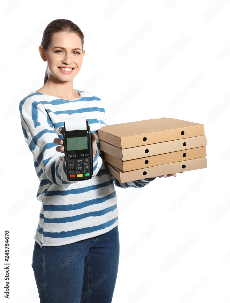 Smiling courier with pizza boxes and payment terminal isolated on white Smiling courier with pizza boxes and payment terminal isolated on white